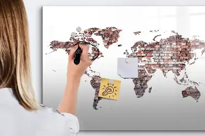 Magnetic glass dry erase board world map on brick design