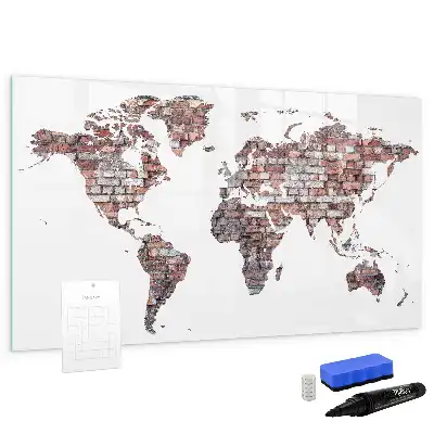 Magnetic glass dry erase board world map on brick design