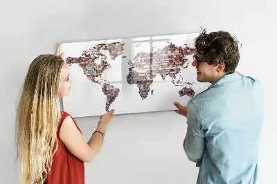 Magnetic glass dry erase board world map on brick design