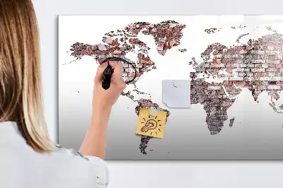Magnetic glass dry erase board world map on brick design