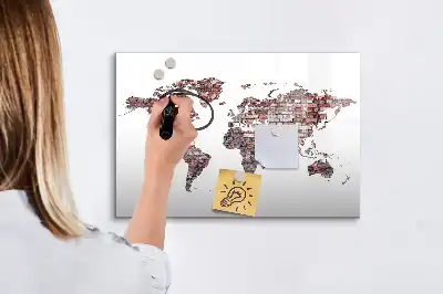 Magnetic glass dry erase board world map on brick design