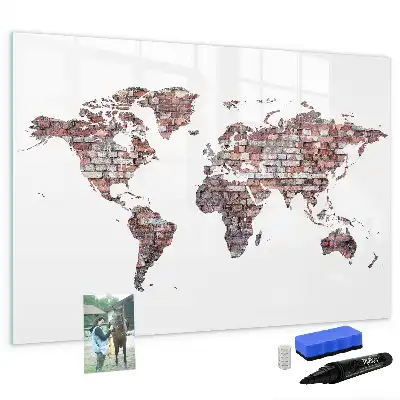 Magnetic glass dry erase board world map on brick design