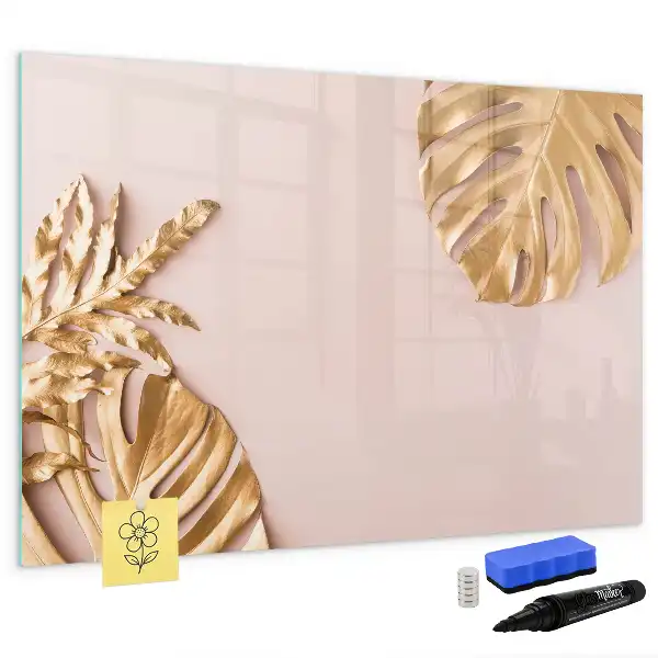 Magnetic glass dry erase board with gold tropical leaves design