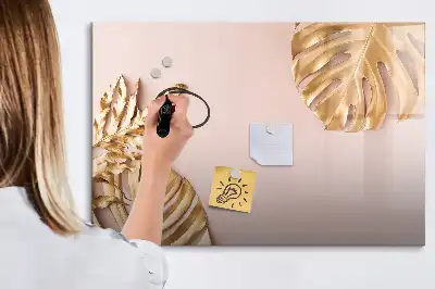 Magnetic glass dry erase board with gold tropical leaves design