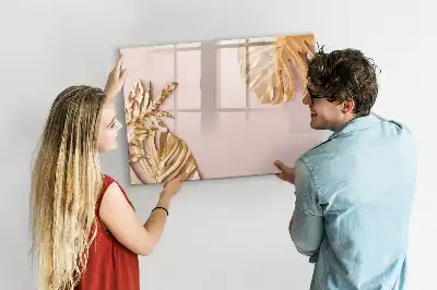 Magnetic glass dry erase board with gold tropical leaves design