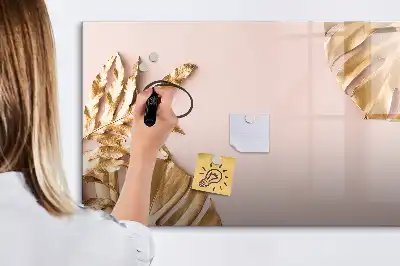 Magnetic glass dry erase board with gold tropical leaves design