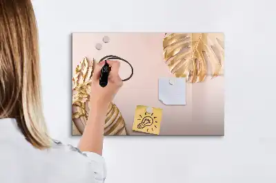 Magnetic glass dry erase board with gold tropical leaves design