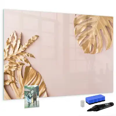 Magnetic glass dry erase board with gold tropical leaves design