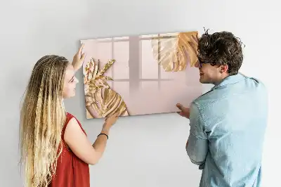 Magnetic glass dry erase board with gold tropical leaves design