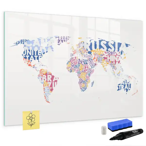 Magnetic world map whiteboard with country labels