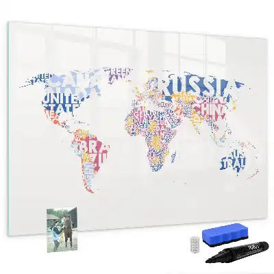 Magnetic world map whiteboard with country labels