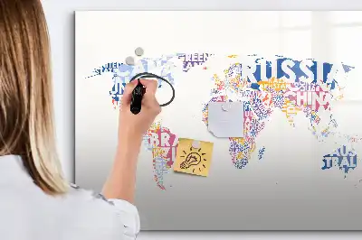 Magnetic world map whiteboard with country labels