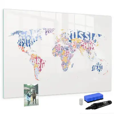 Magnetic world map whiteboard with country labels