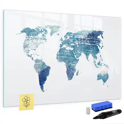 Magnetic glass dry erase board world map design