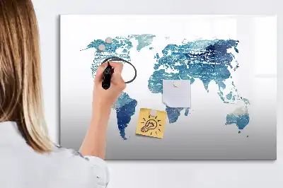 Magnetic glass dry erase board world map design