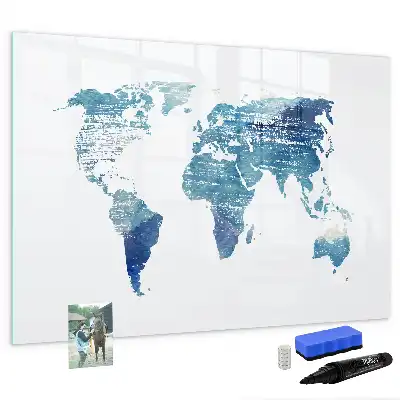 Magnetic glass dry erase board world map design