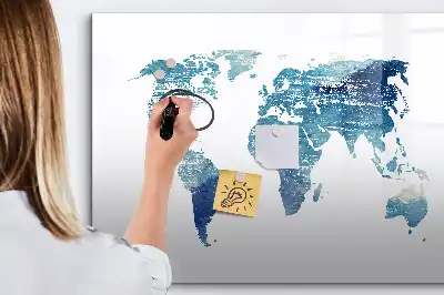 Magnetic glass dry erase board world map design