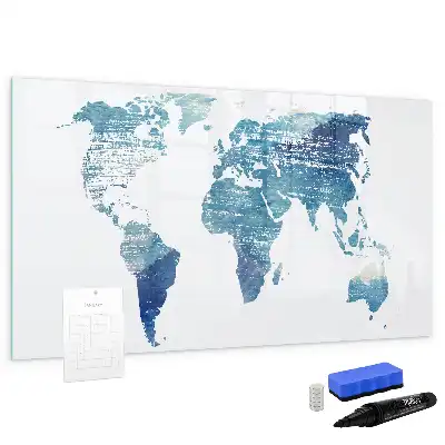 Magnetic glass dry erase board world map design