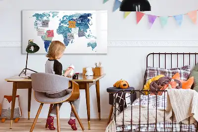 Magnetic glass dry erase board world map design