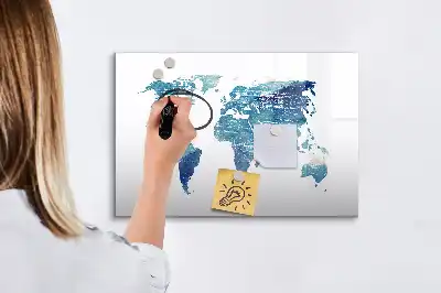 Magnetic glass dry erase board world map design