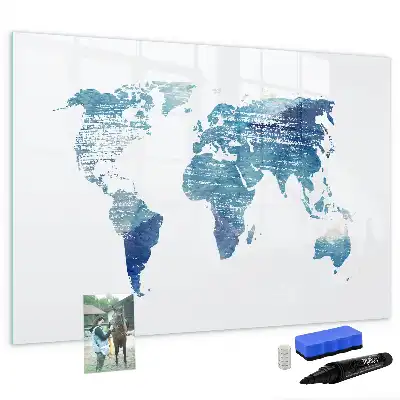 Magnetic glass dry erase board world map design
