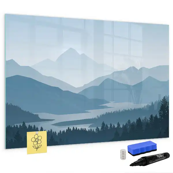 Magnetic marker board with mountain landscape design
