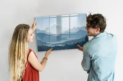 Magnetic marker board with mountain landscape design