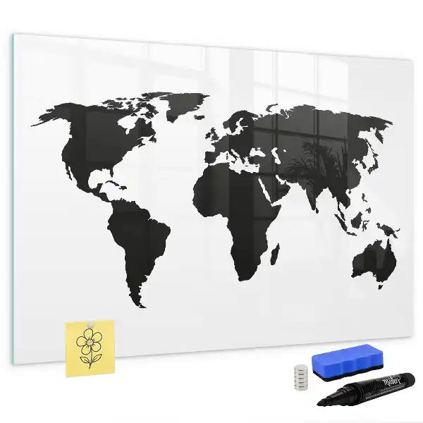Magnetic glass dry erase board black world map design