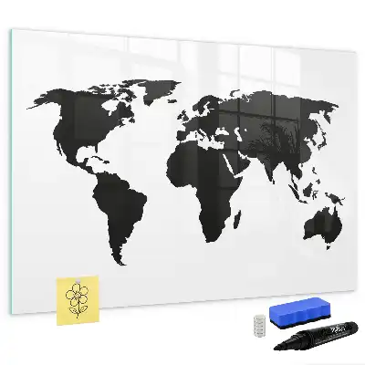 Magnetic glass dry erase board black world map design