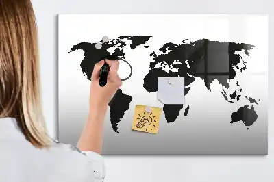Magnetic glass dry erase board black world map design