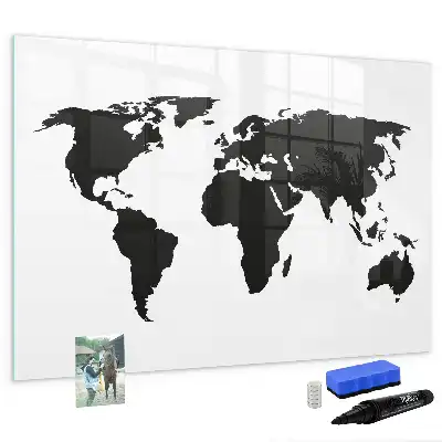 Magnetic glass dry erase board black world map design