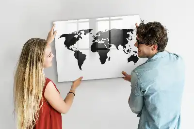 Magnetic glass dry erase board black world map design