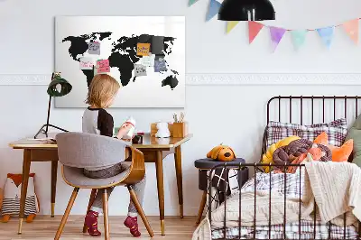 Magnetic glass dry erase board black world map design