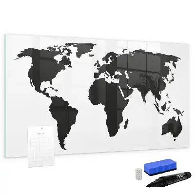 Magnetic glass dry erase board black world map design