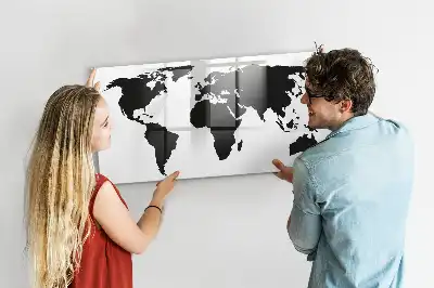 Magnetic glass dry erase board black world map design