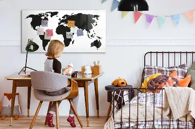 Magnetic glass dry erase board black world map design