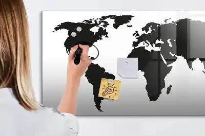 Magnetic glass dry erase board black world map design