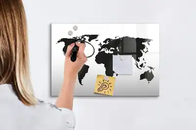 Magnetic glass dry erase board black world map design