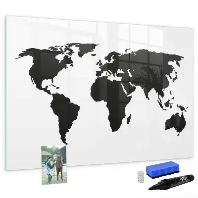Magnetic glass dry erase board black world map design