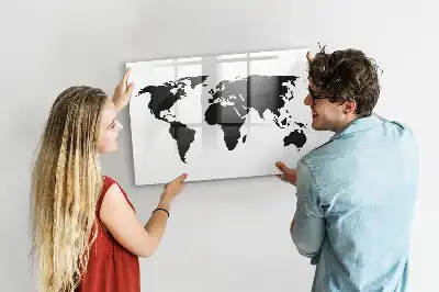 Magnetic glass dry erase board black world map design