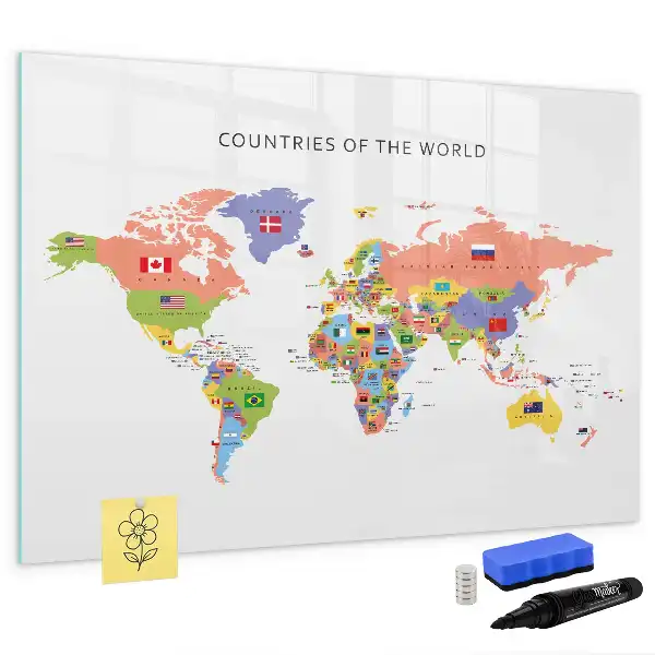 Magnetic glass dry erase board map with flags design
