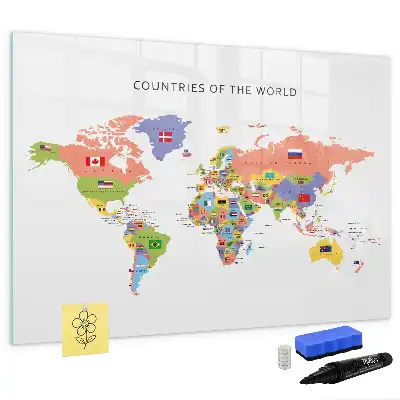 Magnetic glass dry erase board map with flags design