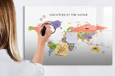 Magnetic glass dry erase board map with flags design
