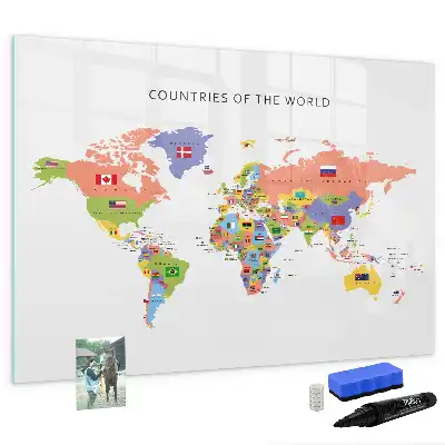 Magnetic glass dry erase board map with flags design