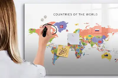 Magnetic glass dry erase board map with flags design