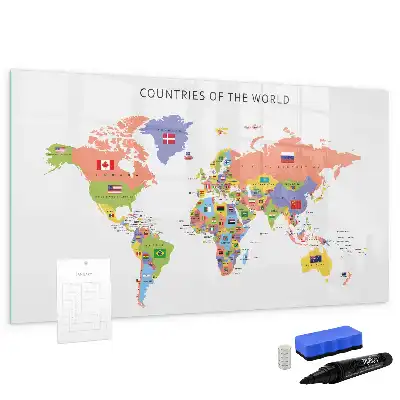 Magnetic glass dry erase board map with flags design