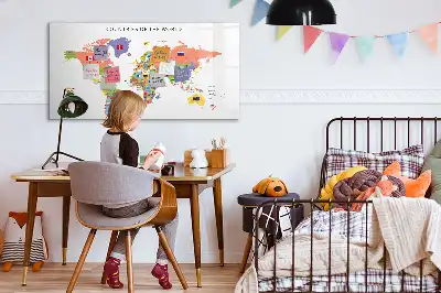 Magnetic glass dry erase board map with flags design