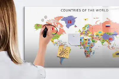 Magnetic glass dry erase board map with flags design