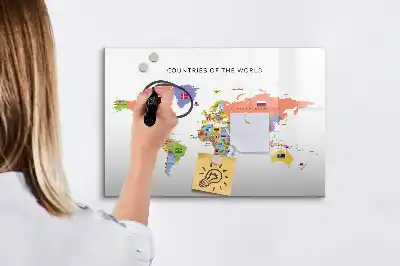 Magnetic glass dry erase board map with flags design