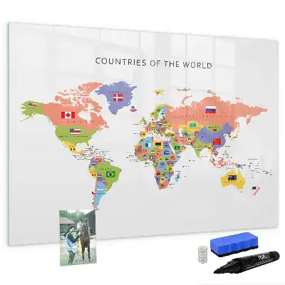 Magnetic glass dry erase board map with flags design